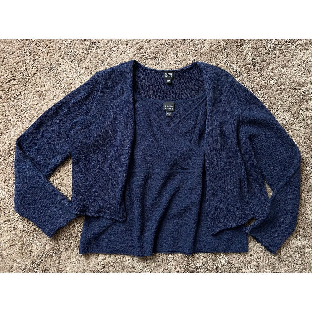 Eileen Fisher Navy 2 pc Open Front Cardigan Knit Faux Wrap Cami Set‎ XL